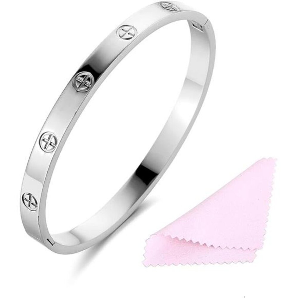 Women's Stainless Steel Crystal Bracelet with Cubic Zirconia Hinge Oval Bangle J
